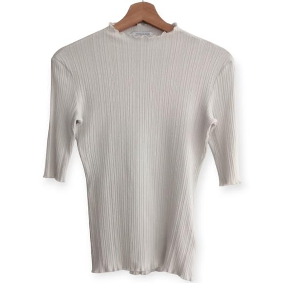 & Other Stories White Ribbed Top Elbow Sleeves Y2K Lettuce Hem 2 - Picture 1 of 16